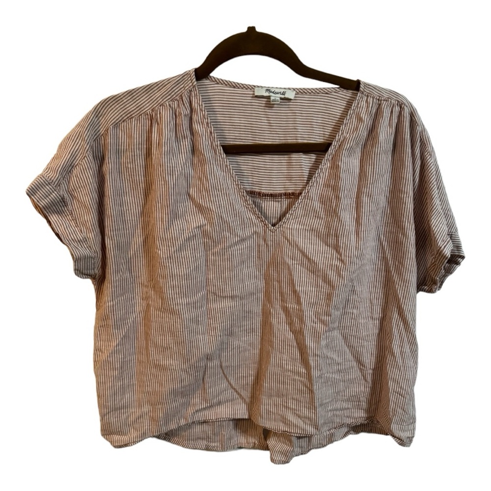 Madewell Striped Short Sleeve Cropped V Neck Blouse w/ Button Detail on Back